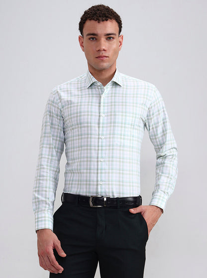 Green & White Checked Slim Fit Formal Shirt | Metal