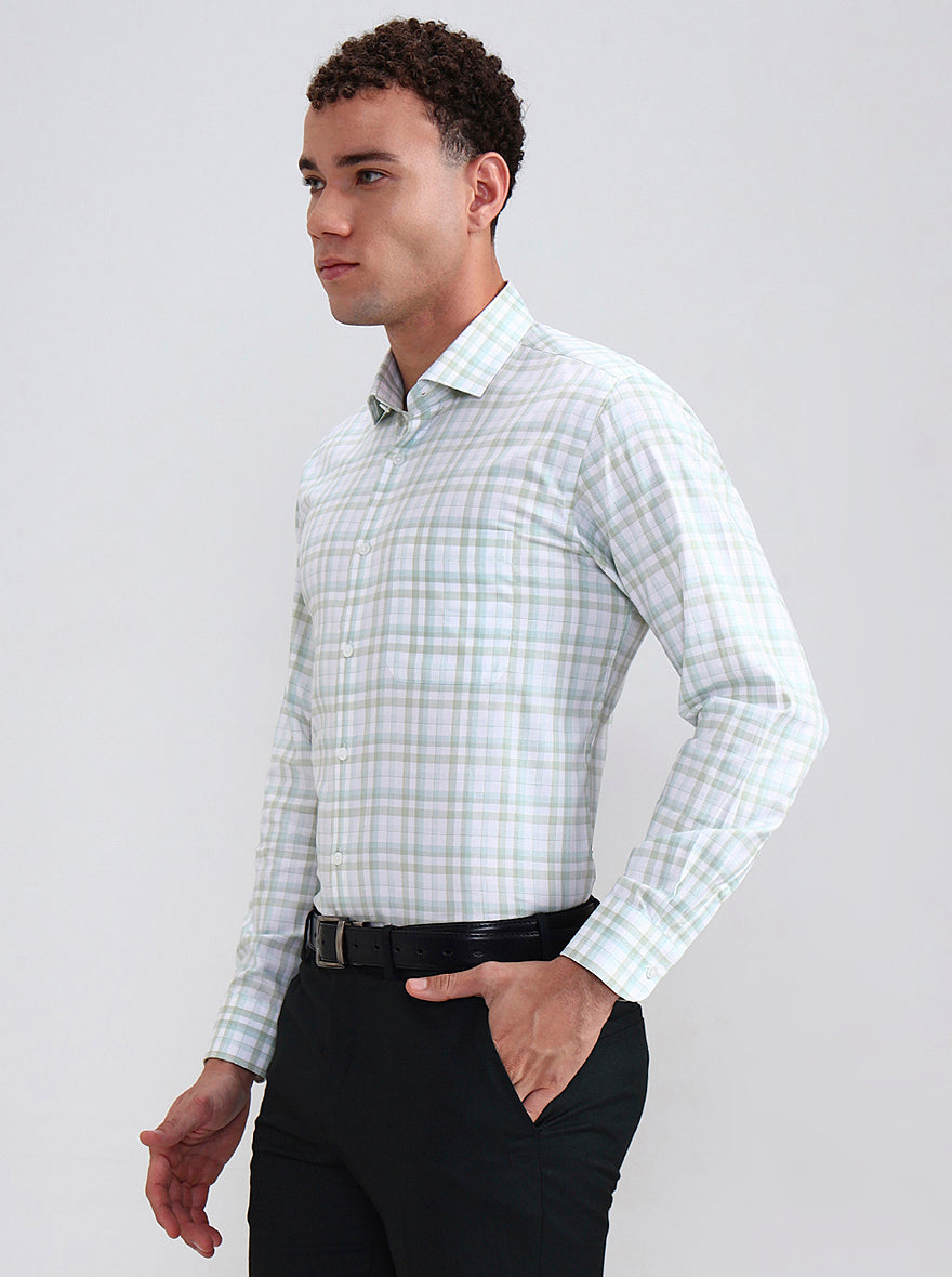 Green & White Checked Slim Fit Formal Shirt | Metal