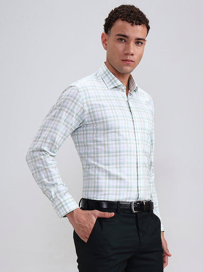 Green & White Checked Slim Fit Formal Shirt | Metal