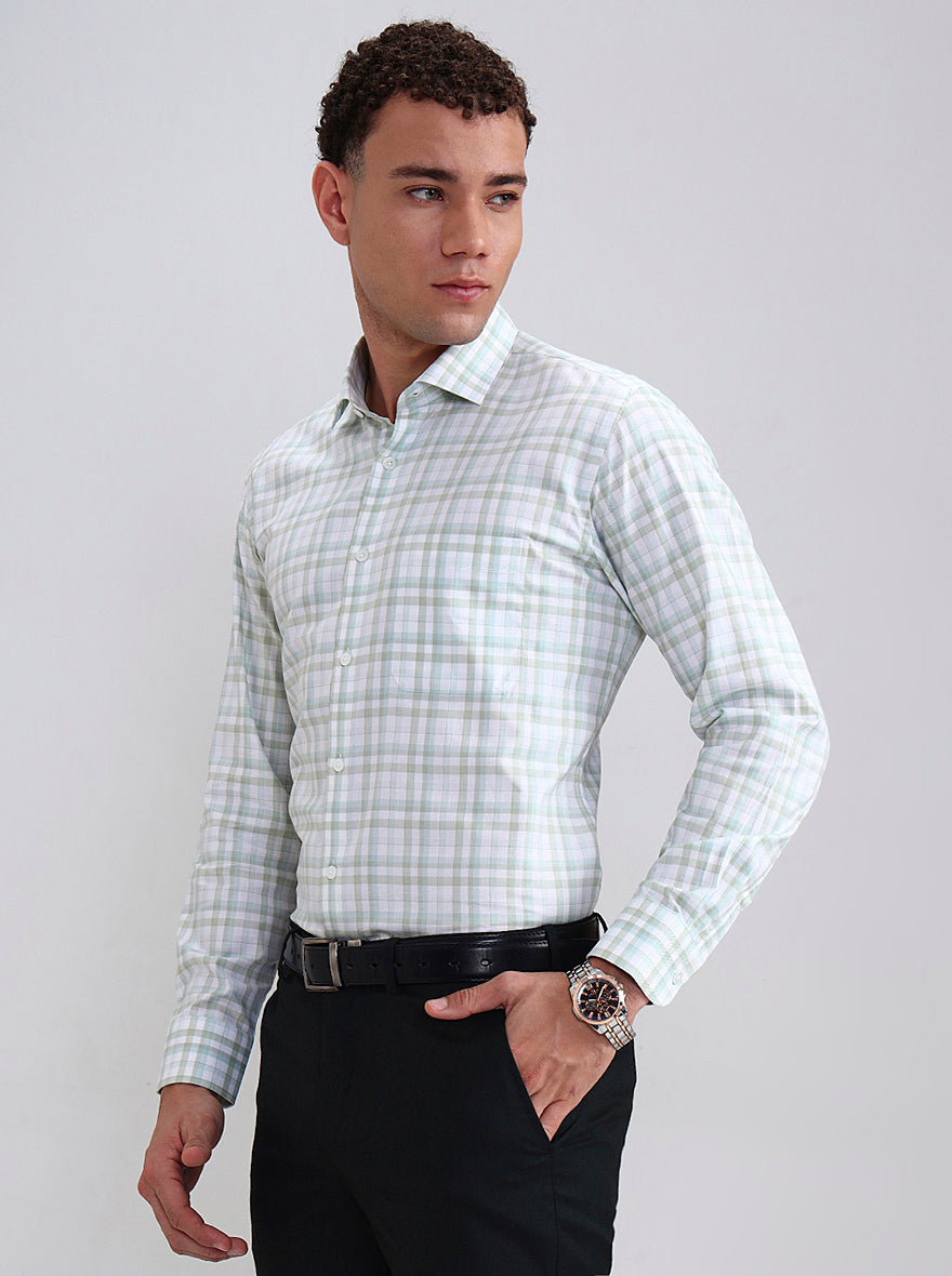 Green & White Checked Slim Fit Formal Shirt | Metal