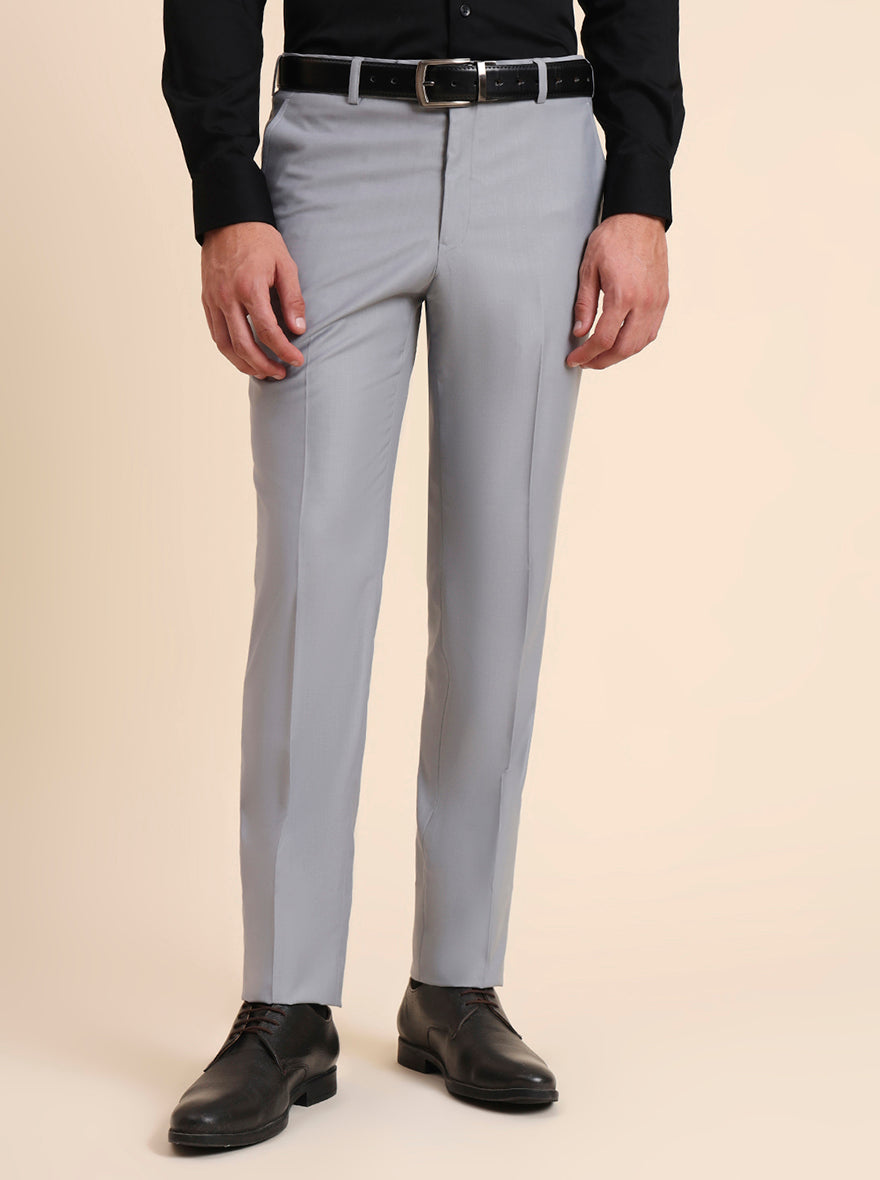 Light Grey Solid Slim Fit Formal Trouser | Metal