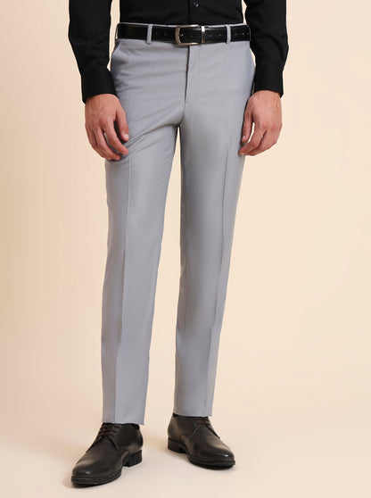 Light Grey Solid Slim Fit Formal Trouser | Metal
