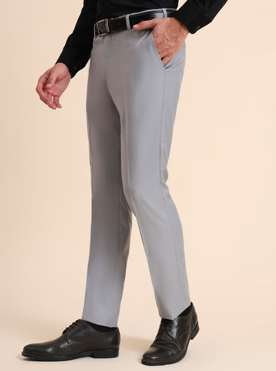 Light Grey Solid Slim Fit Formal Trouser | Metal