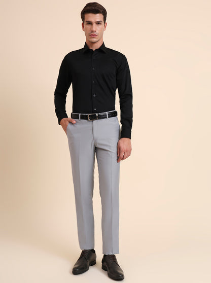 Light Grey Solid Slim Fit Formal Trouser | Metal