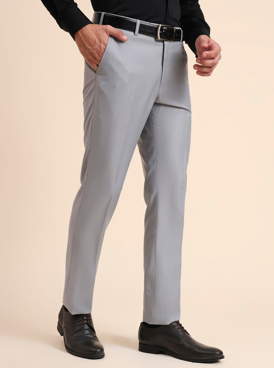 Light Grey Solid Slim Fit Formal Trouser | Metal