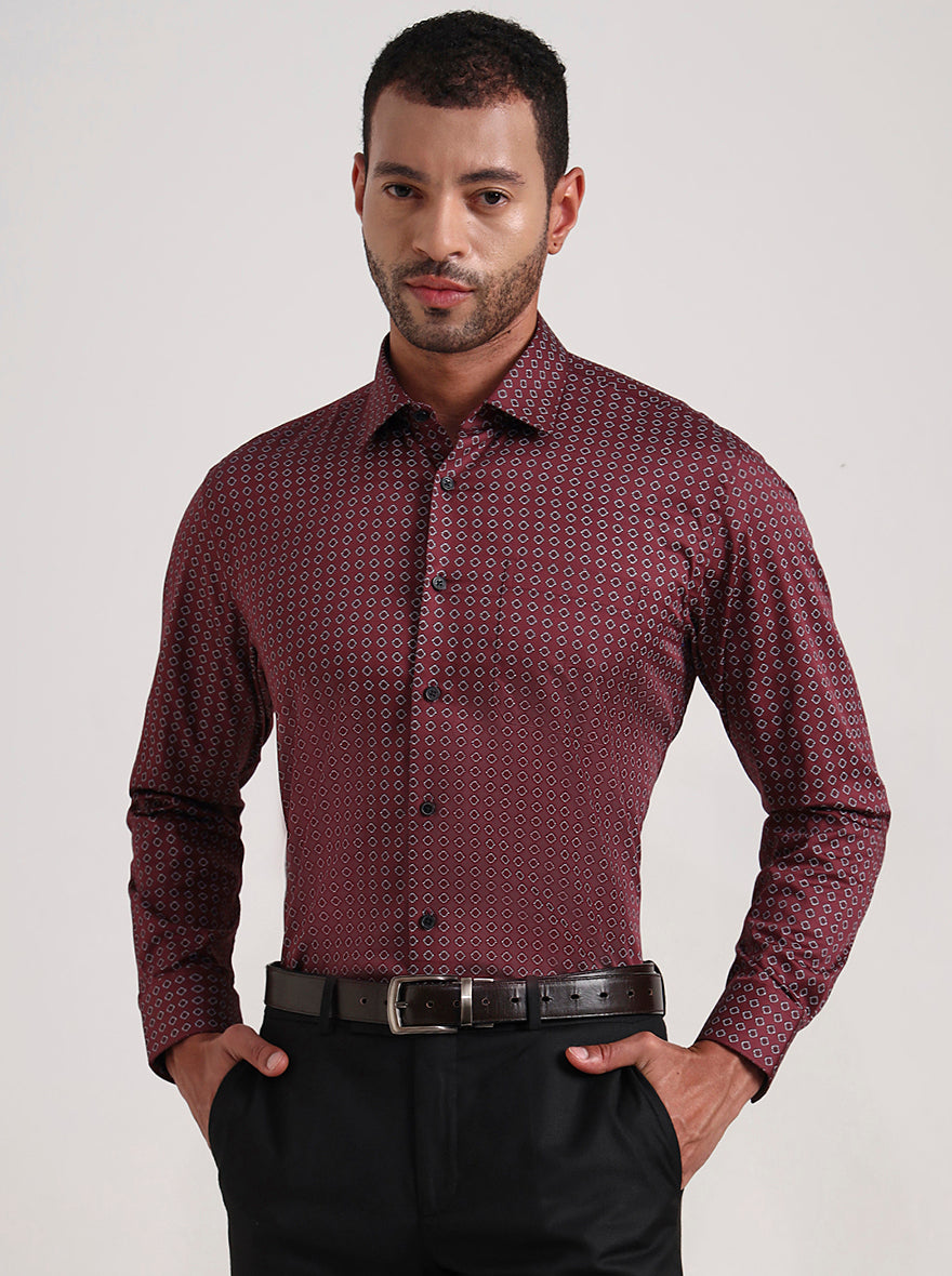 Maroon Printed Regular Fit Formal Shirt | JadeBlue