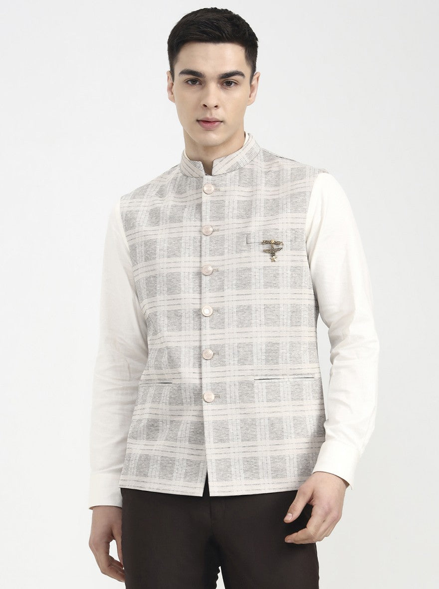 Beige Checked Regular Fit Waistcoat | Wyre