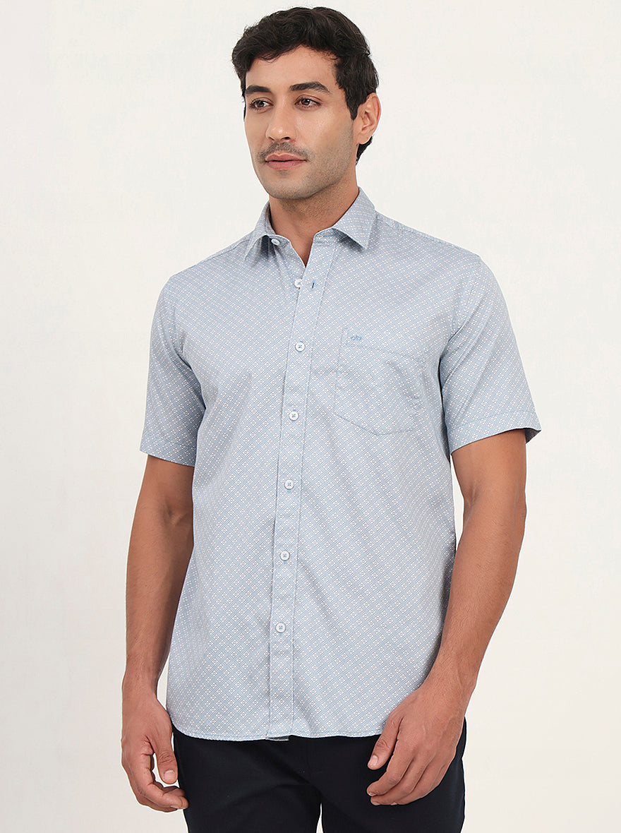 Light Blue Printed Slim Fit Semi Casual Shirt | JadeBlue