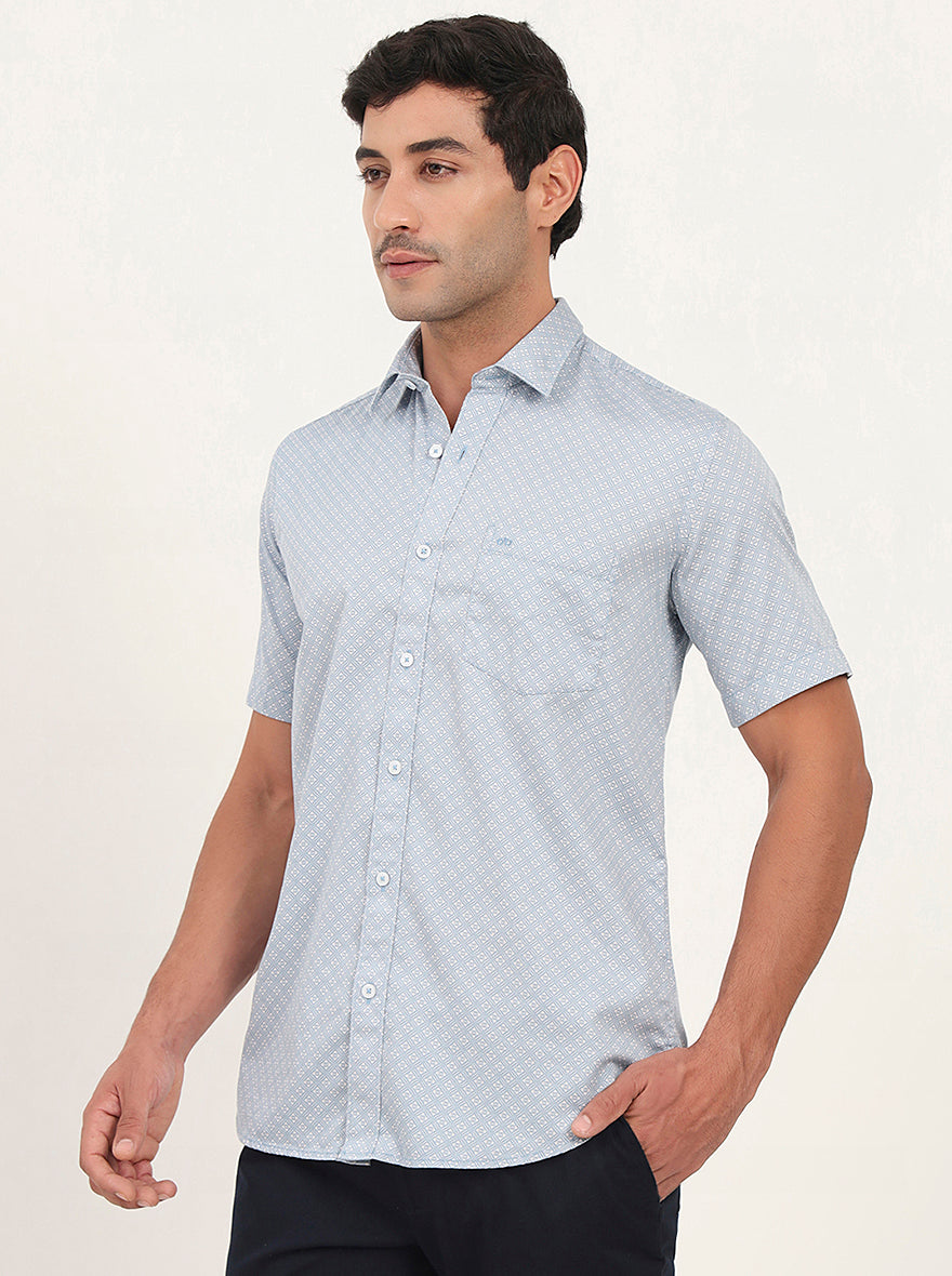 Light Blue Printed Slim Fit Semi Casual Shirt | JadeBlue