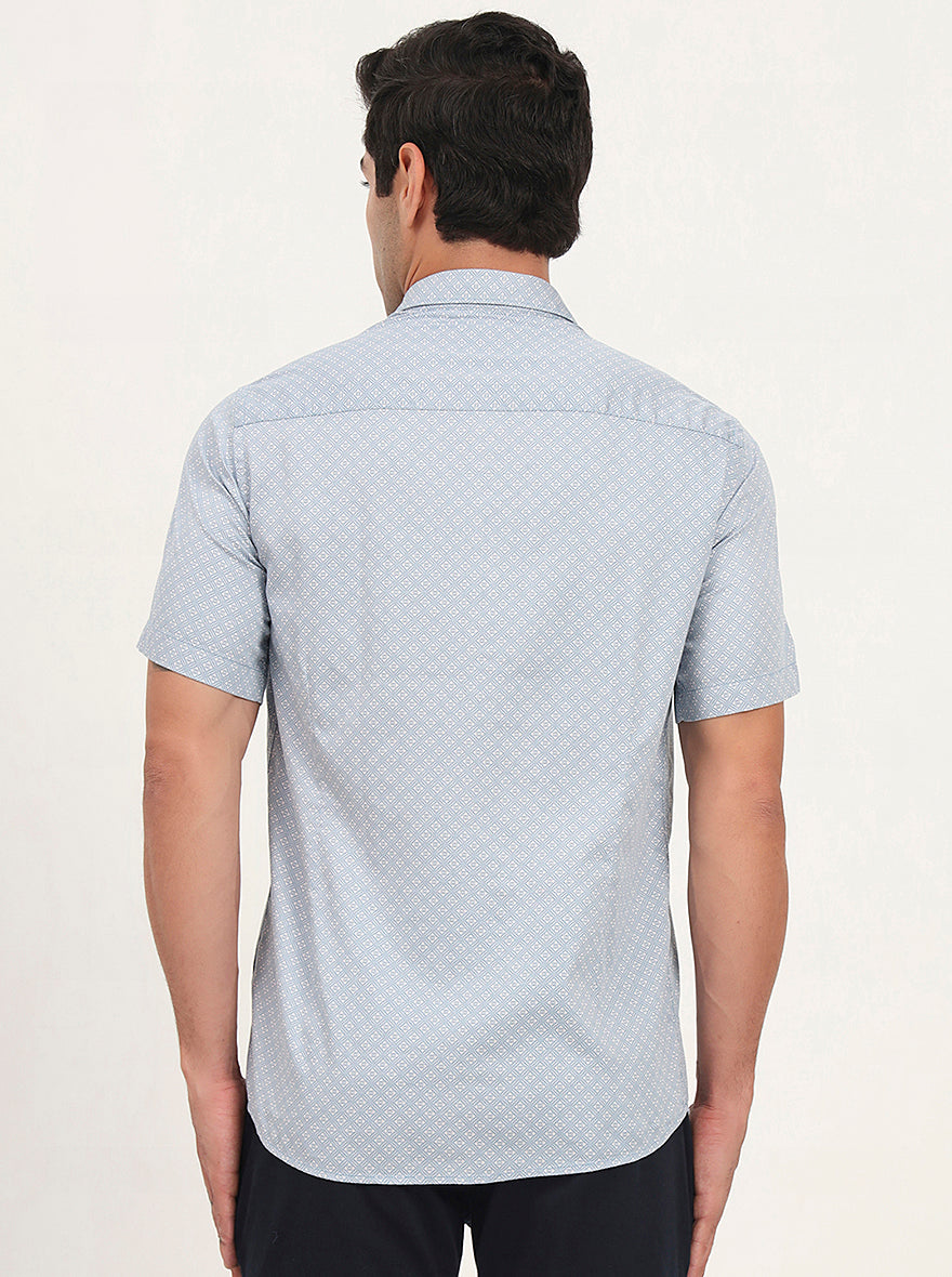 Light Blue Printed Slim Fit Semi Casual Shirt | JadeBlue