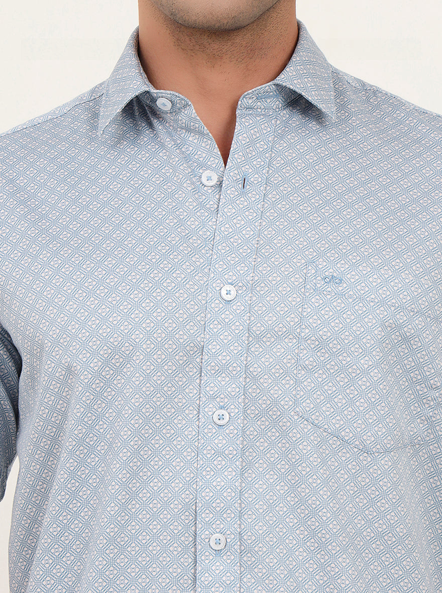 Light Blue Printed Slim Fit Semi Casual Shirt | JadeBlue