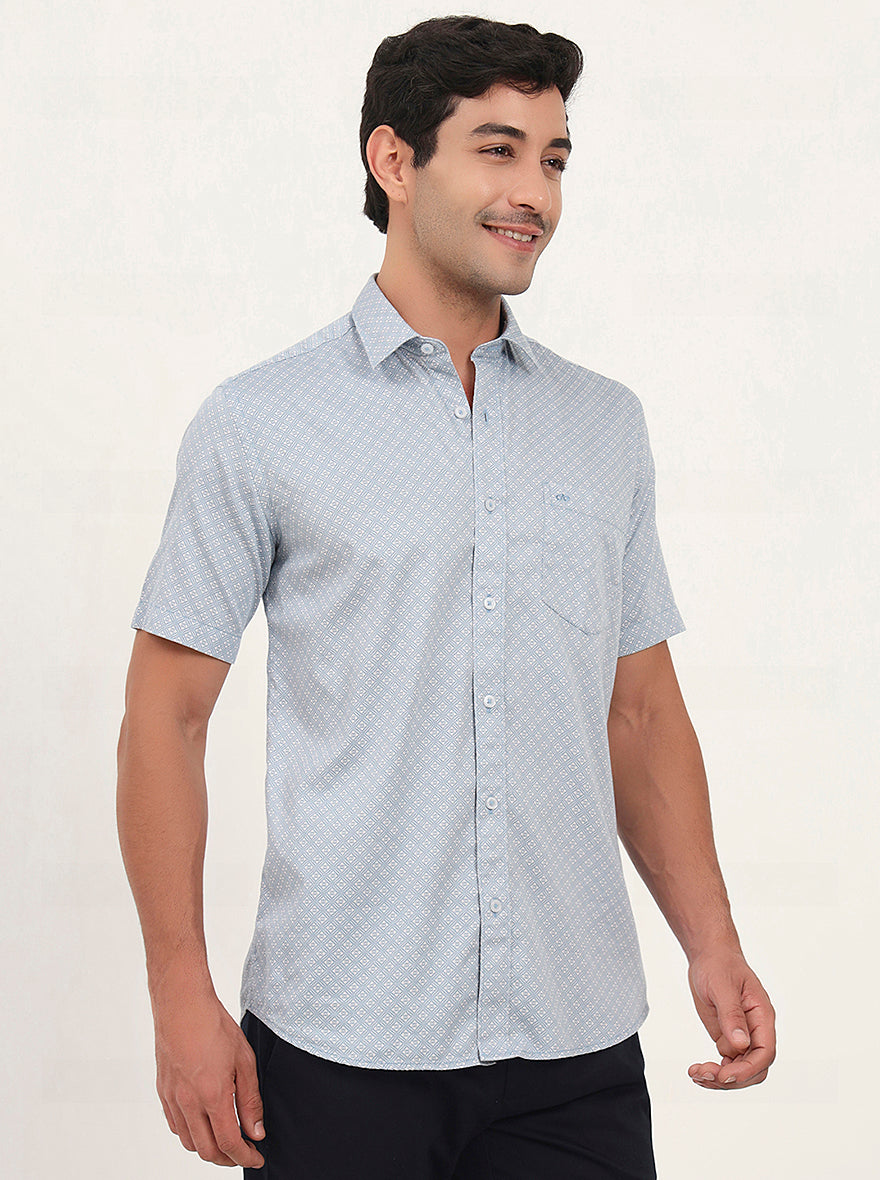 Light Blue Printed Slim Fit Semi Casual Shirt | JadeBlue