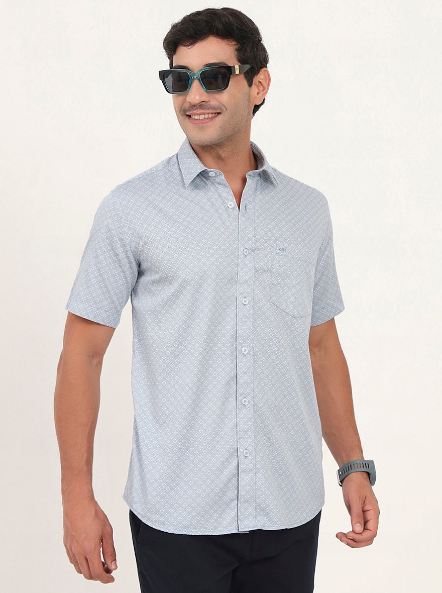 Light Blue Printed Slim Fit Semi Casual Shirt | JadeBlue