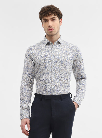 White & Base Blue Printed Slim Fit Party Wear Shirt | Wyre