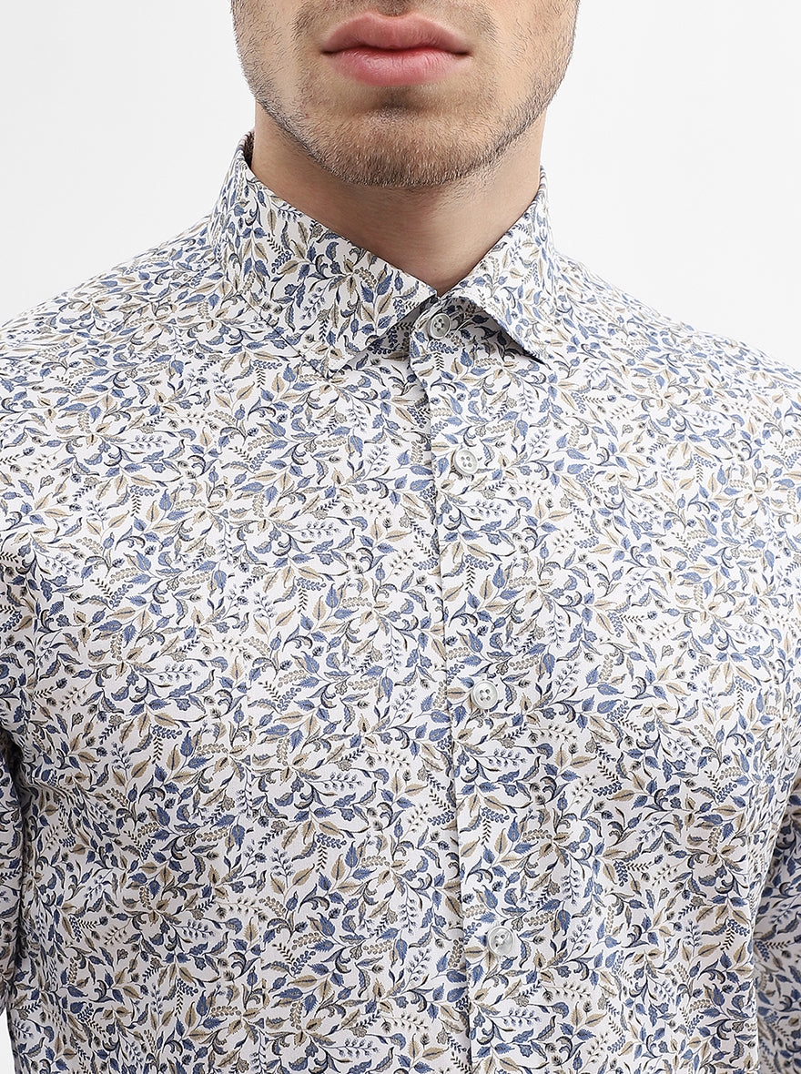 White & Base Blue Printed Slim Fit Party Wear Shirt | Wyre