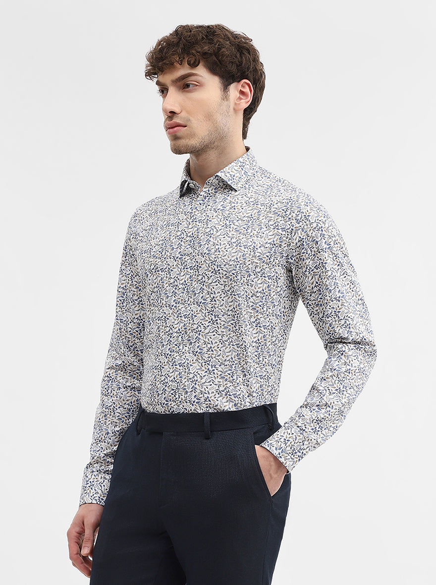 White & Base Blue Printed Slim Fit Party Wear Shirt | Wyre