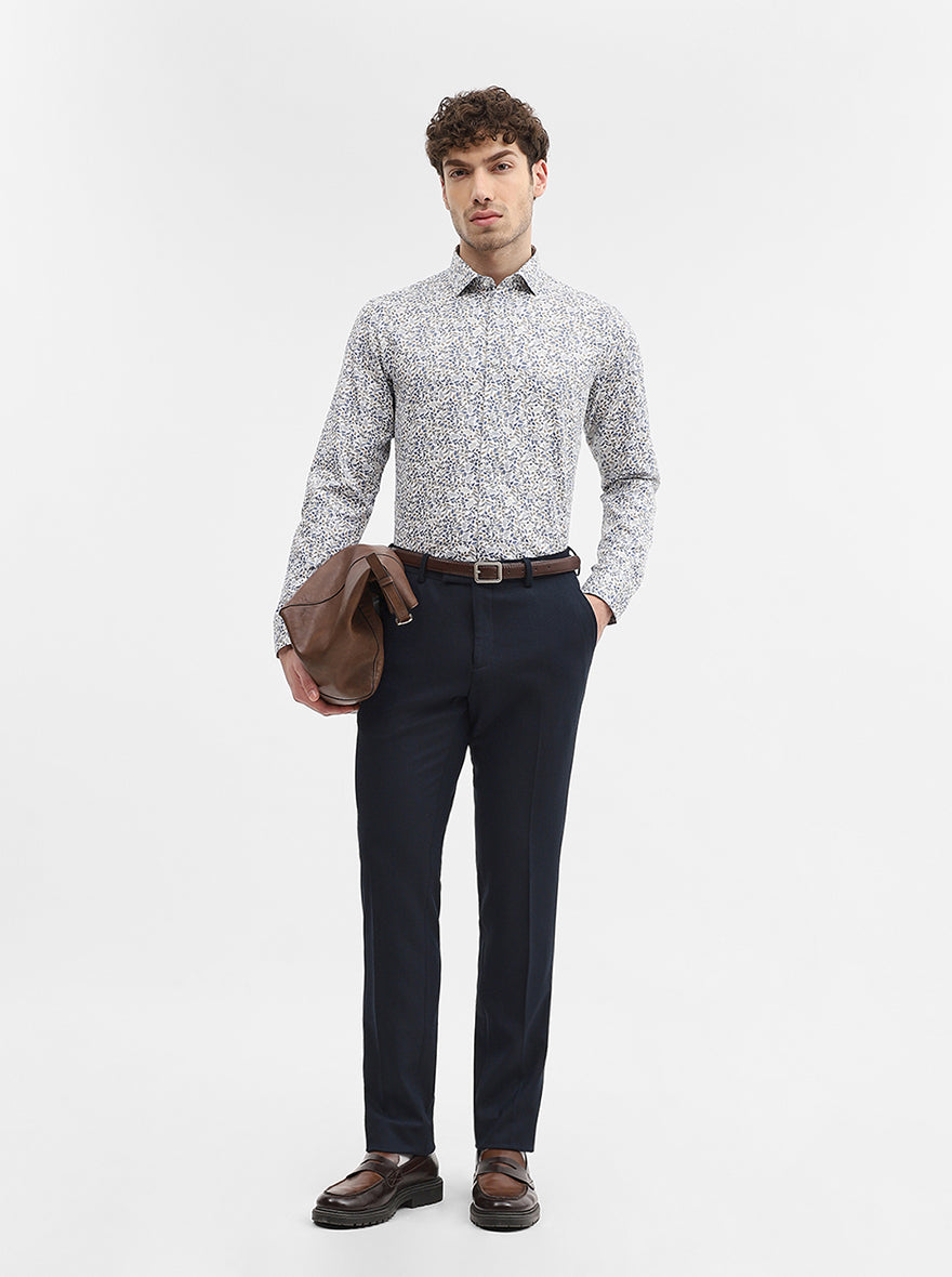 White & Base Blue Printed Slim Fit Party Wear Shirt | Wyre