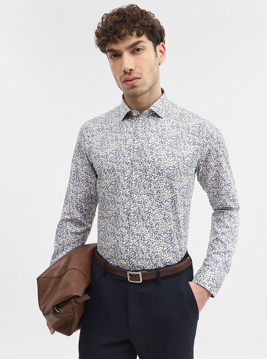 White & Base Blue Printed Slim Fit Party Wear Shirt | Wyre