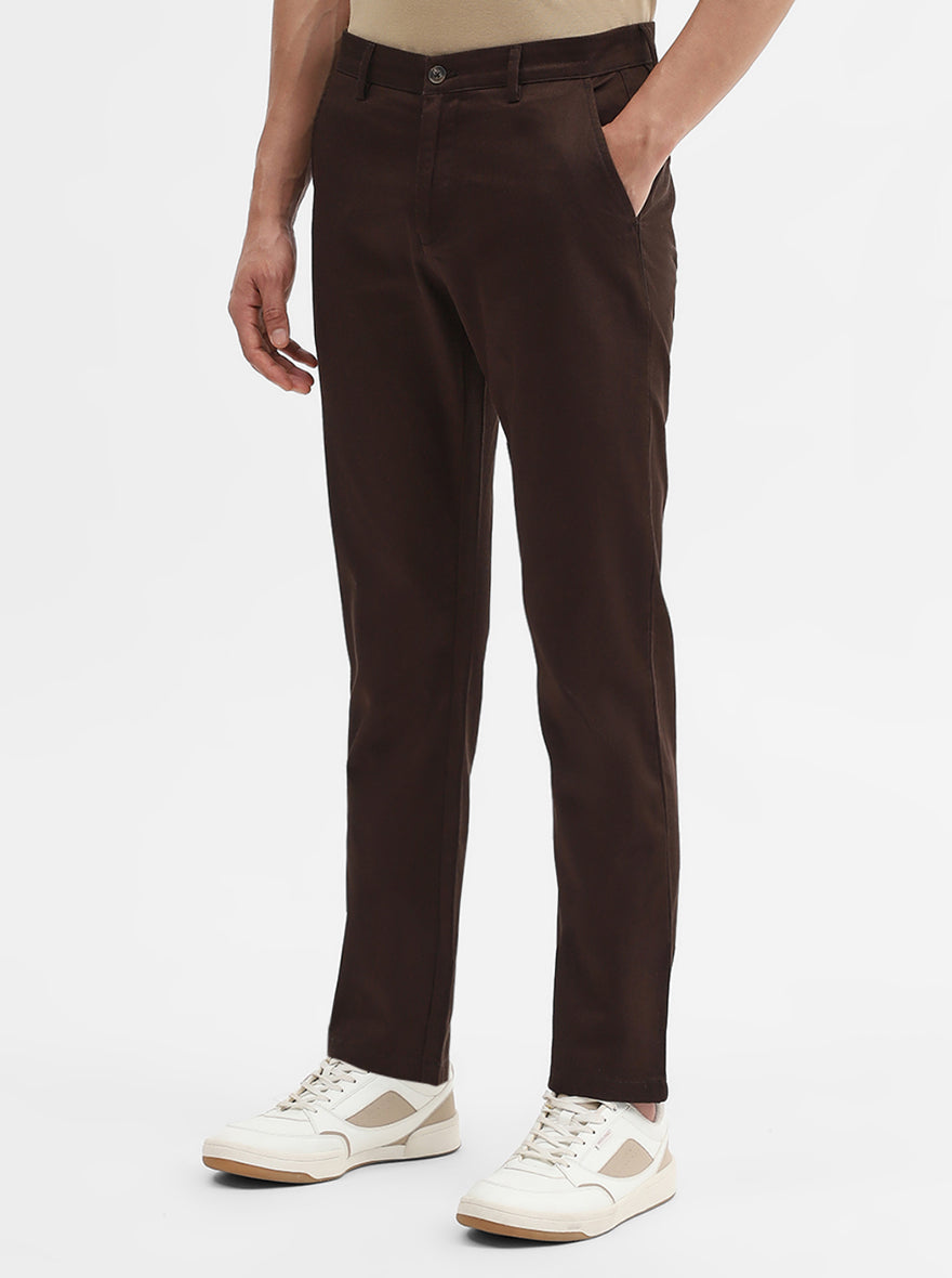 Coffee Solid Super Slim Fit Casual Trouser | Greenfibre