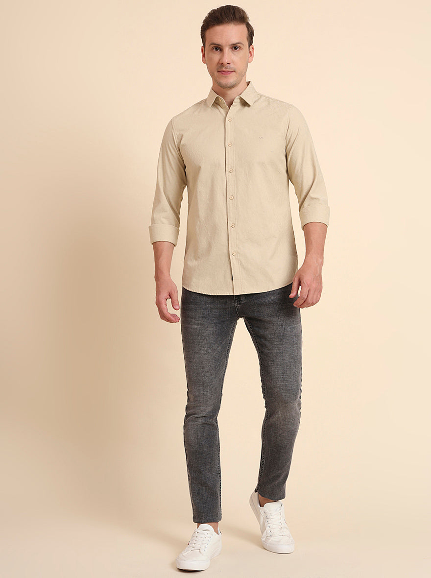 Beige Solid Slim Fit Casual Shirt | JadeBlue