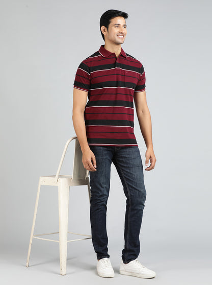 Maroon Striped Regular Fit Polo T-Shirt | Greenfibre