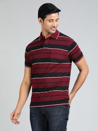 Maroon Striped Regular Fit Polo T-Shirt | Greenfibre