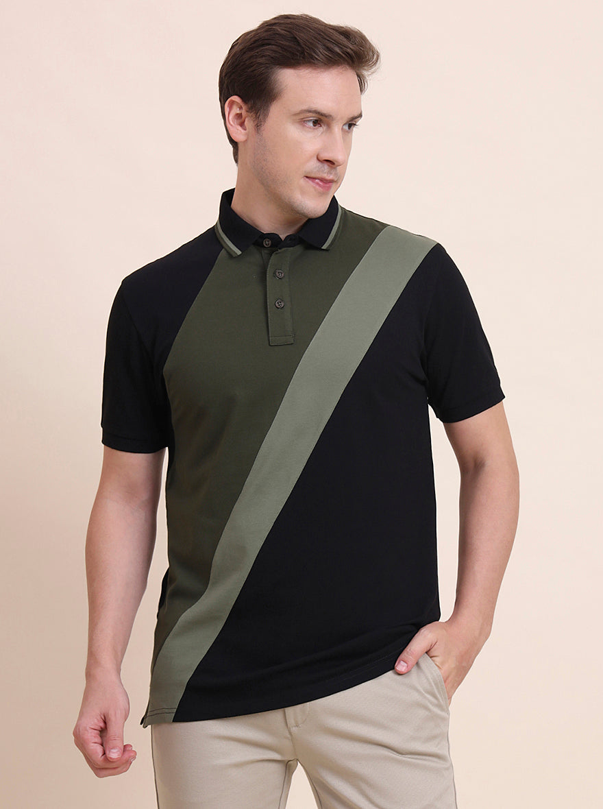 Black & Olive Striped Slim Fit Polo T-Shirt | JadeBlue