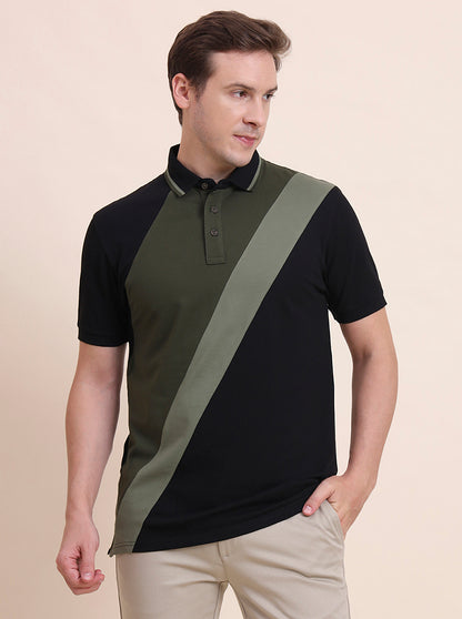 Black & Olive Striped Slim Fit Polo T-Shirt | JadeBlue