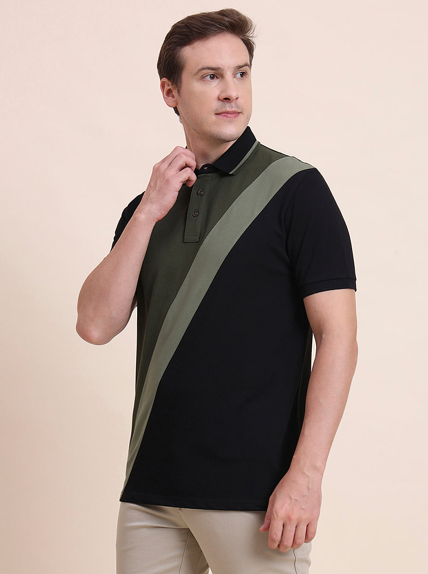 Black & Olive Striped Slim Fit Polo T-Shirt | JadeBlue