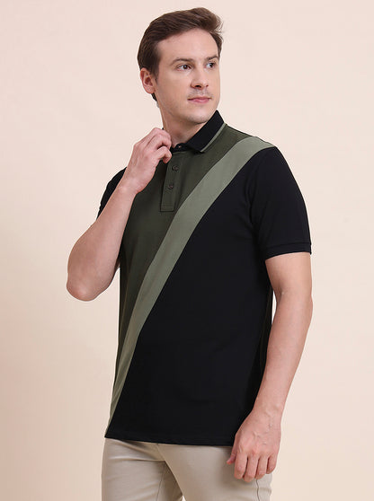 Black & Olive Striped Slim Fit Polo T-Shirt | JadeBlue