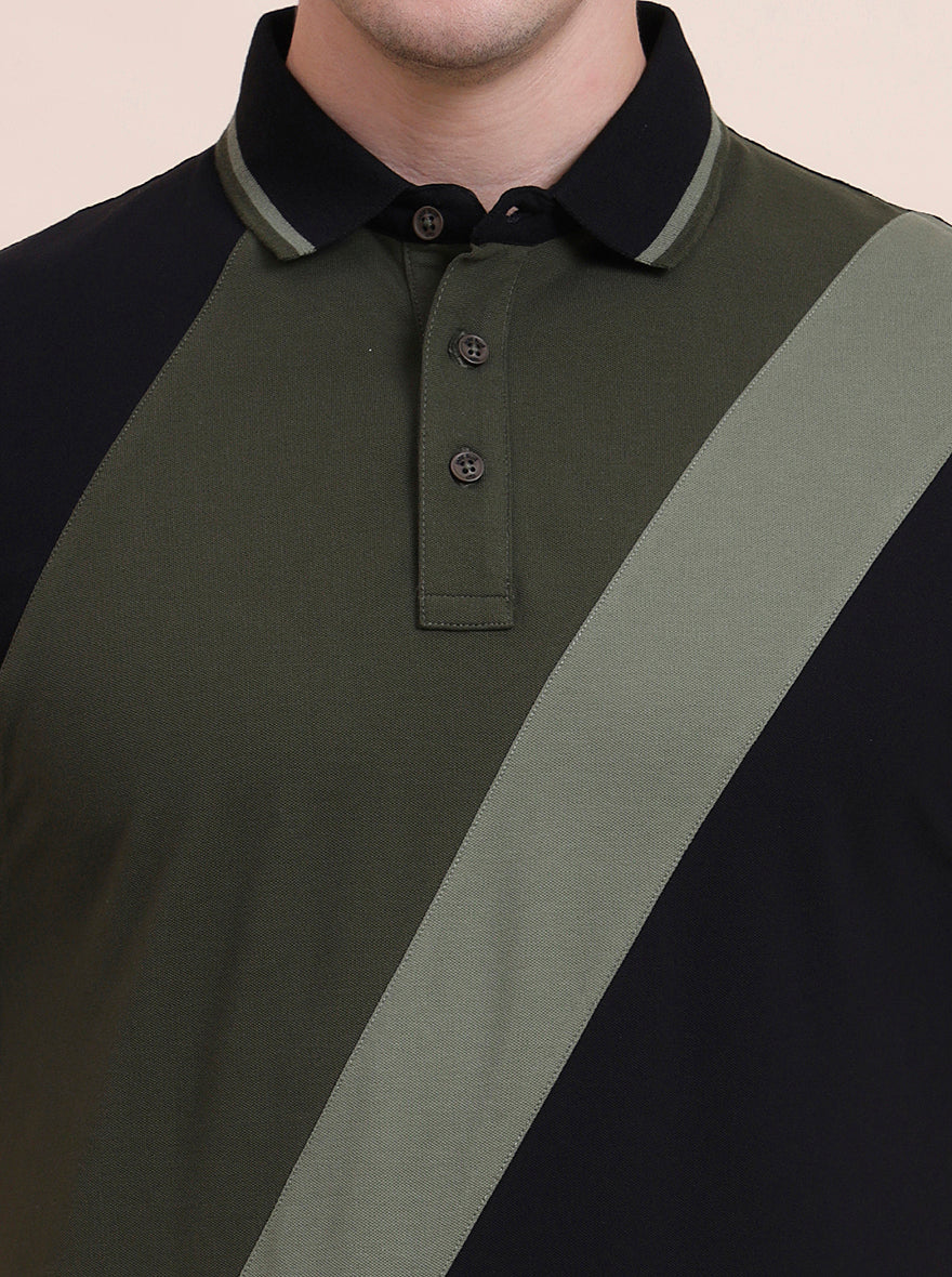 Black & Olive Striped Slim Fit Polo T-Shirt | JadeBlue