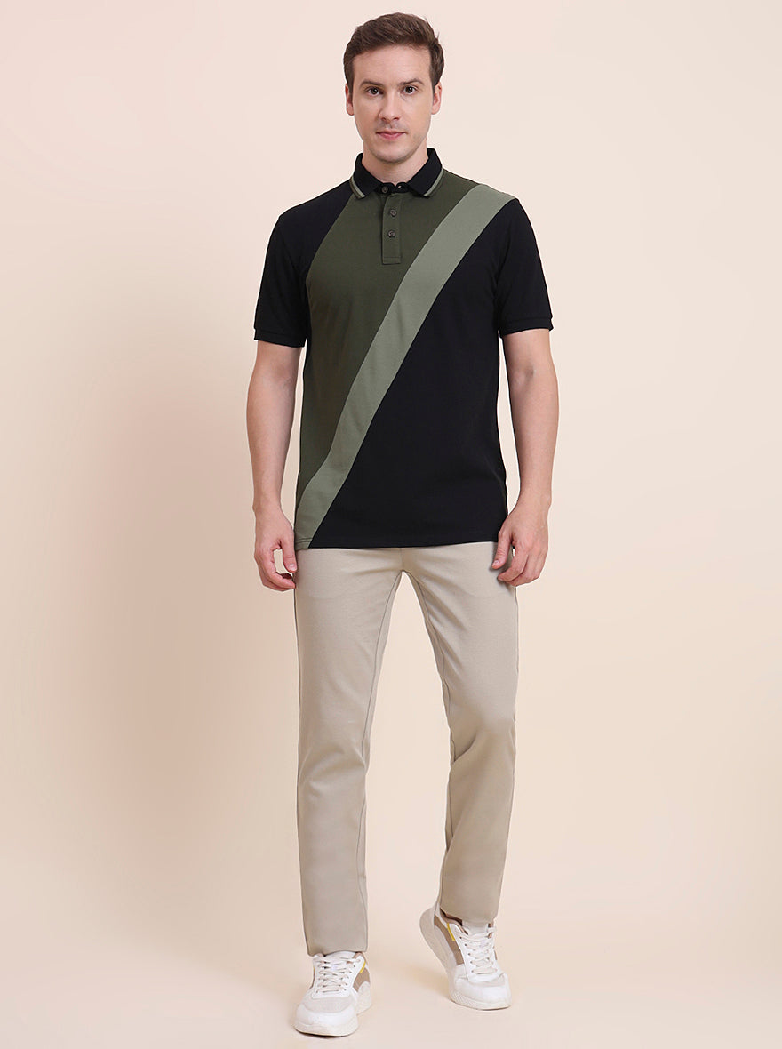 Black & Olive Striped Slim Fit Polo T-Shirt | JadeBlue