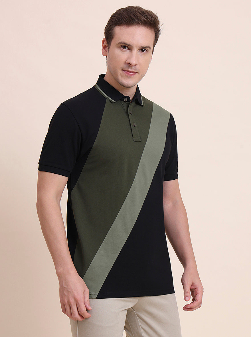 Black & Olive Striped Slim Fit Polo T-Shirt | JadeBlue