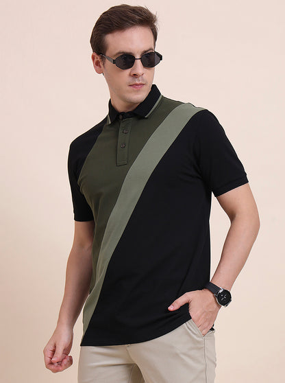 Black & Olive Striped Slim Fit Polo T-Shirt | JadeBlue
