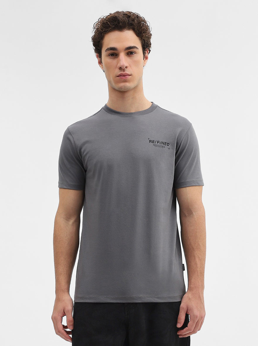Charcoal Grey Printed Slim Fit T-Shirt | JadeBlue