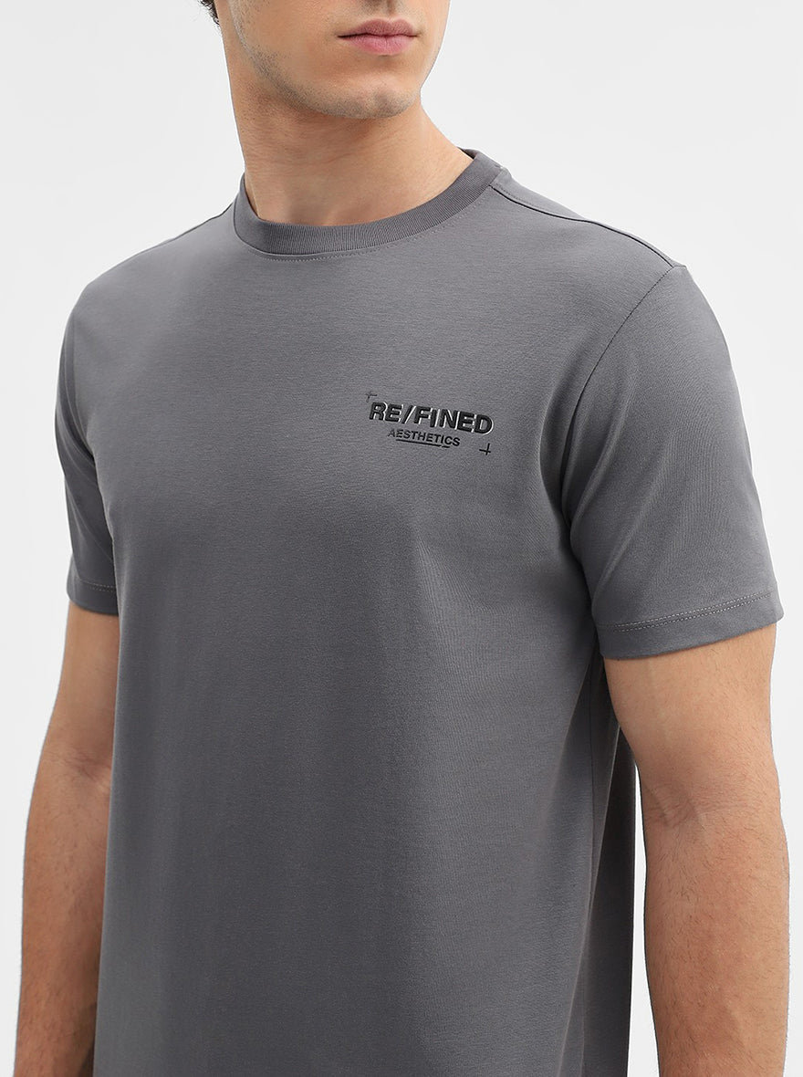 Charcoal Grey Printed Slim Fit T-Shirt | JadeBlue