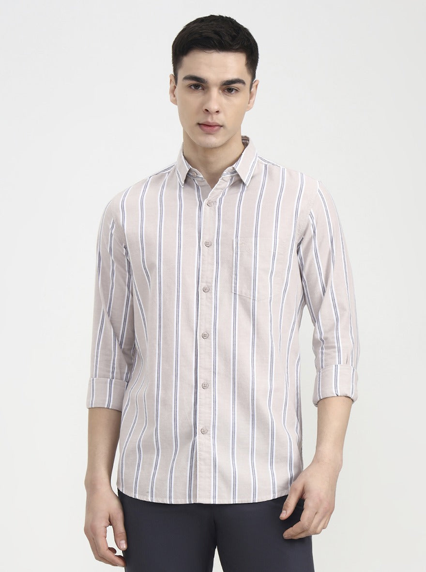 Beige Striped Slim Fit Casual Shirt | JadeBlue