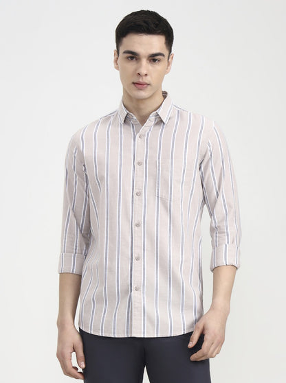 Beige Striped Slim Fit Casual Shirt | JadeBlue