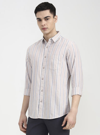 Beige Striped Slim Fit Casual Shirt | JadeBlue
