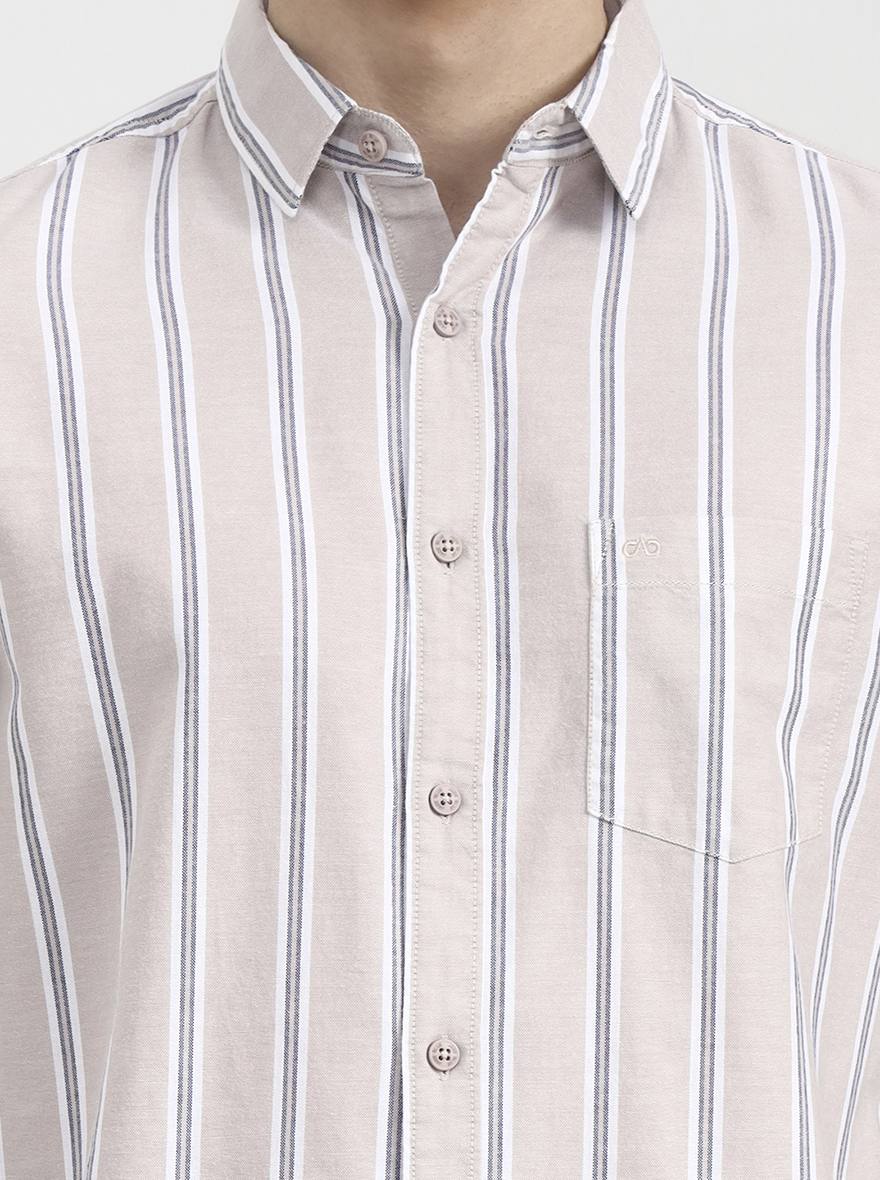 Beige Striped Slim Fit Casual Shirt | JadeBlue