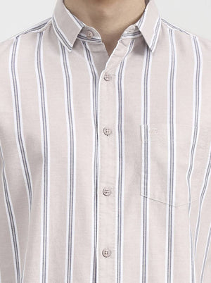 Beige Striped Slim Fit Casual Shirt | JadeBlue