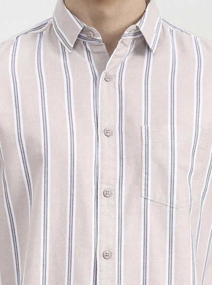 Beige Striped Slim Fit Casual Shirt | JadeBlue