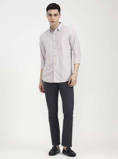 Beige Striped Slim Fit Casual Shirt | JadeBlue