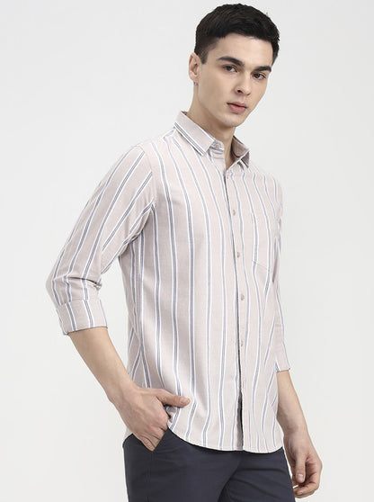 Beige Striped Slim Fit Casual Shirt | JadeBlue