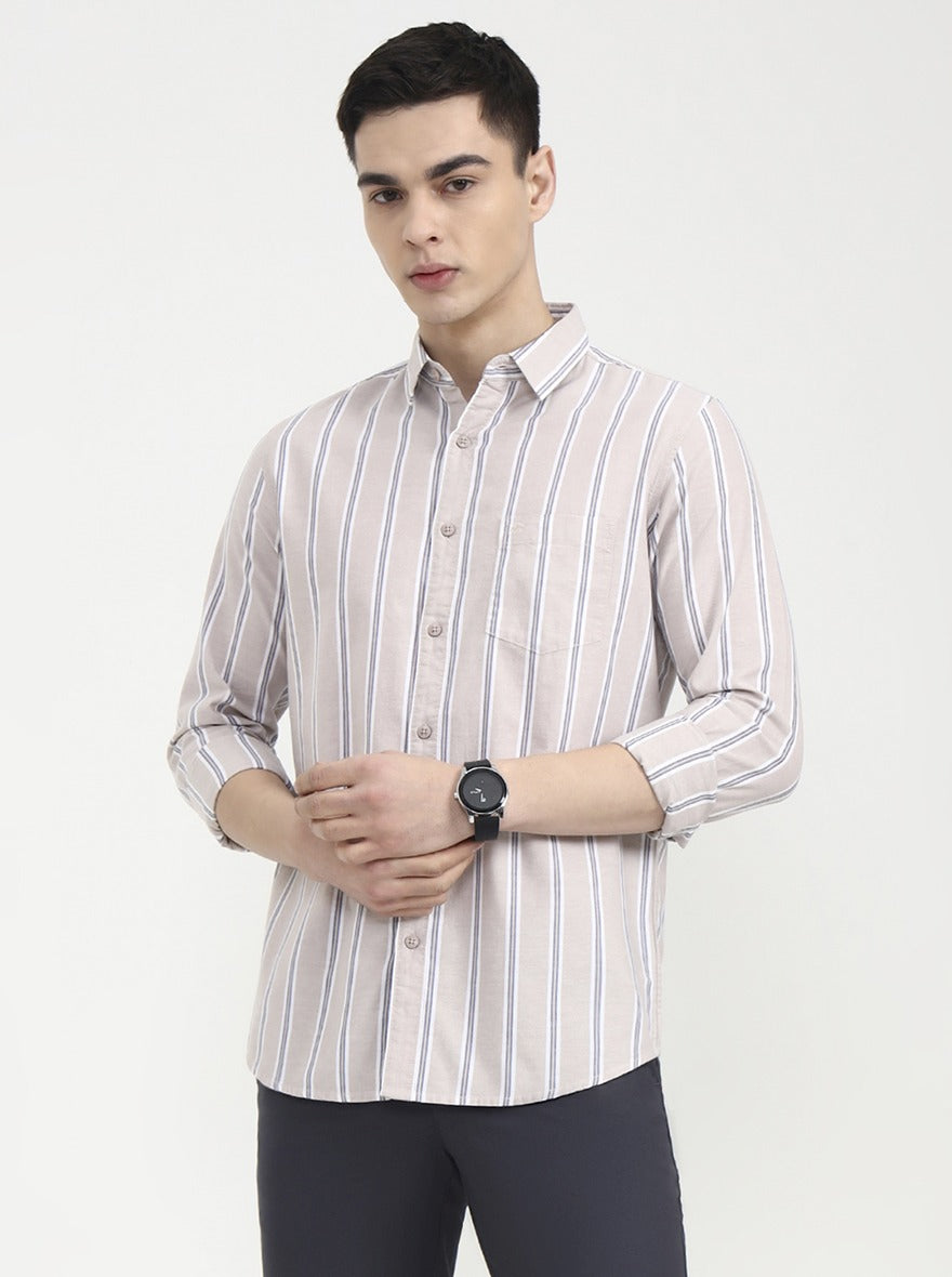 Beige Striped Slim Fit Casual Shirt | JadeBlue