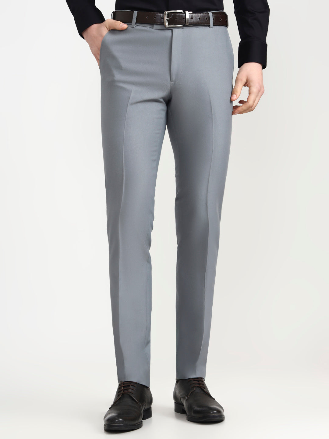 Silver Blue Solid Slim Fit Formal Trouser | Metal