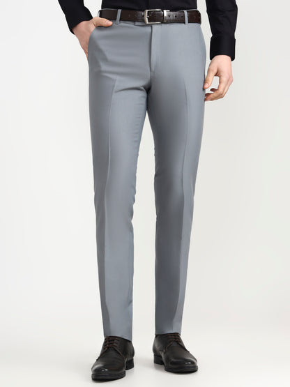 Silver Blue Solid Slim Fit Formal Trouser | Metal