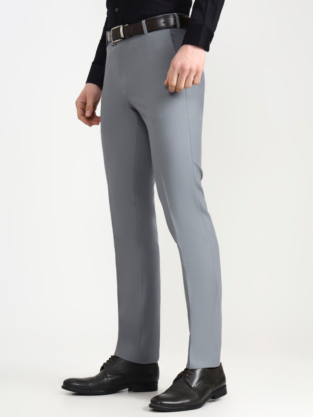 Silver Blue Solid Slim Fit Formal Trouser | Metal