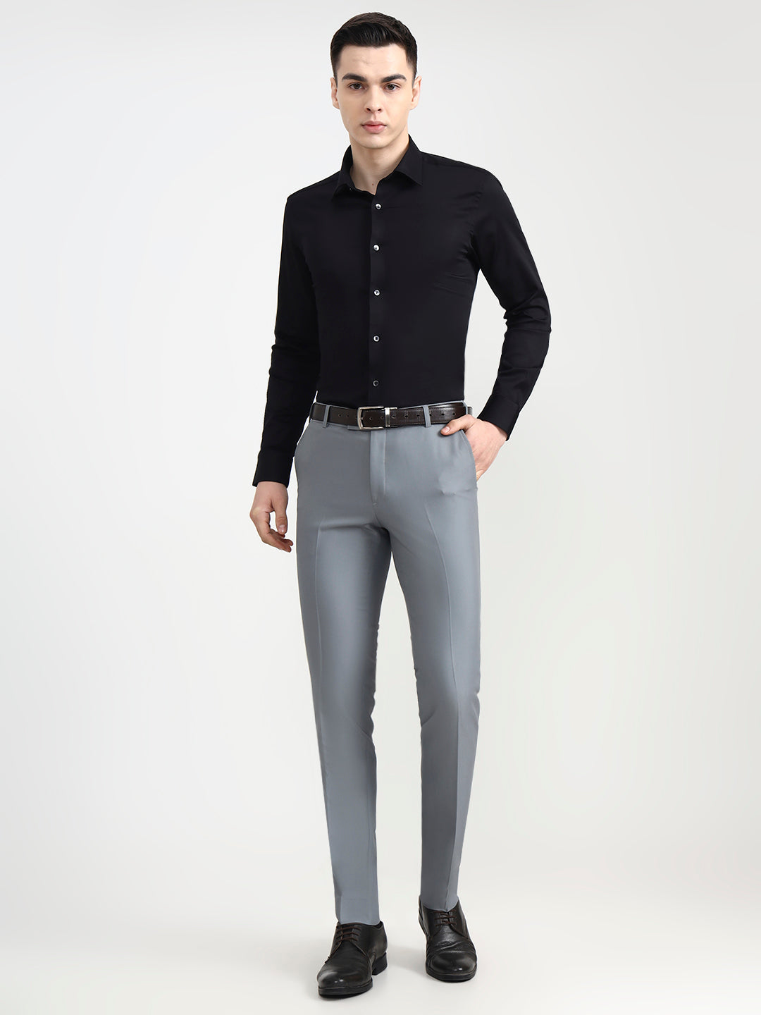 Silver Blue Solid Slim Fit Formal Trouser | Metal
