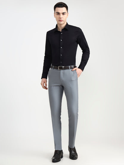 Silver Blue Solid Slim Fit Formal Trouser | Metal
